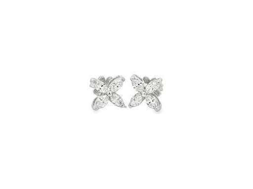 18K White Gold Floral Stud Earrings with Natural Marquise Diamonds